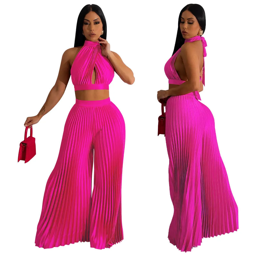 Plus Size Solid Color Crop Top and Wide-Leg Trousers Set