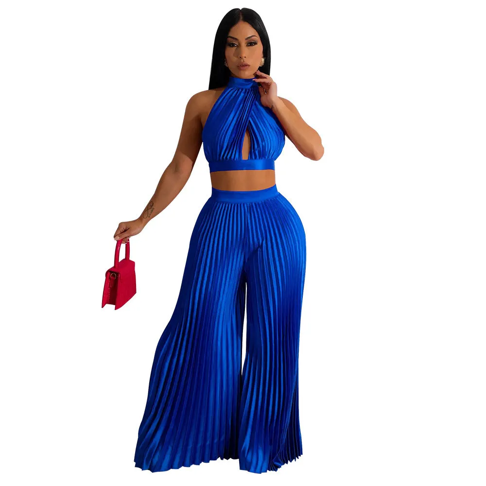 Plus Size Solid Color Crop Top and Wide-Leg Trousers Set