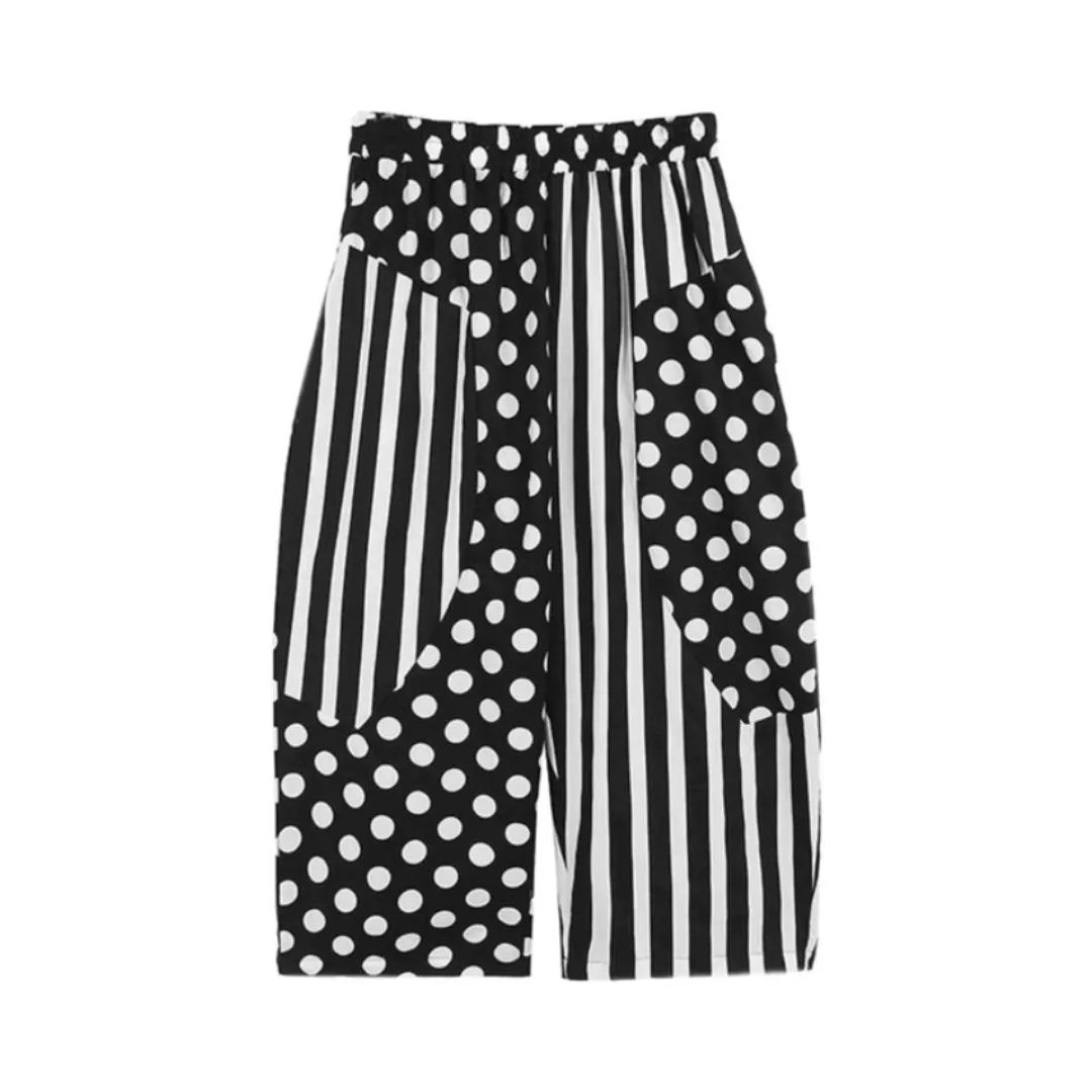 Pre Order:  Black Polka-Dots Stripes Printed Loose Fit Trousers