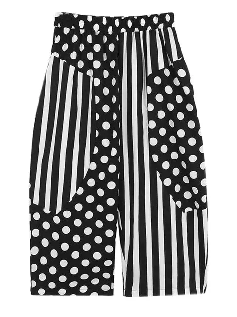 Pre Order:  Black Polka-Dots Stripes Printed Loose Fit Trousers