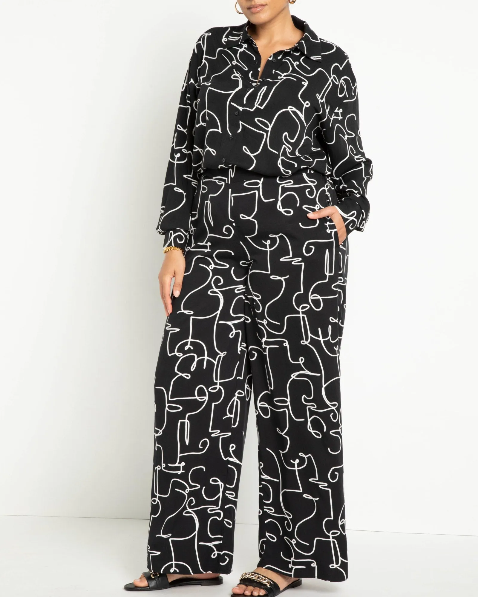 Printed Wide Leg Pant | Dandy Doodle - Black   White