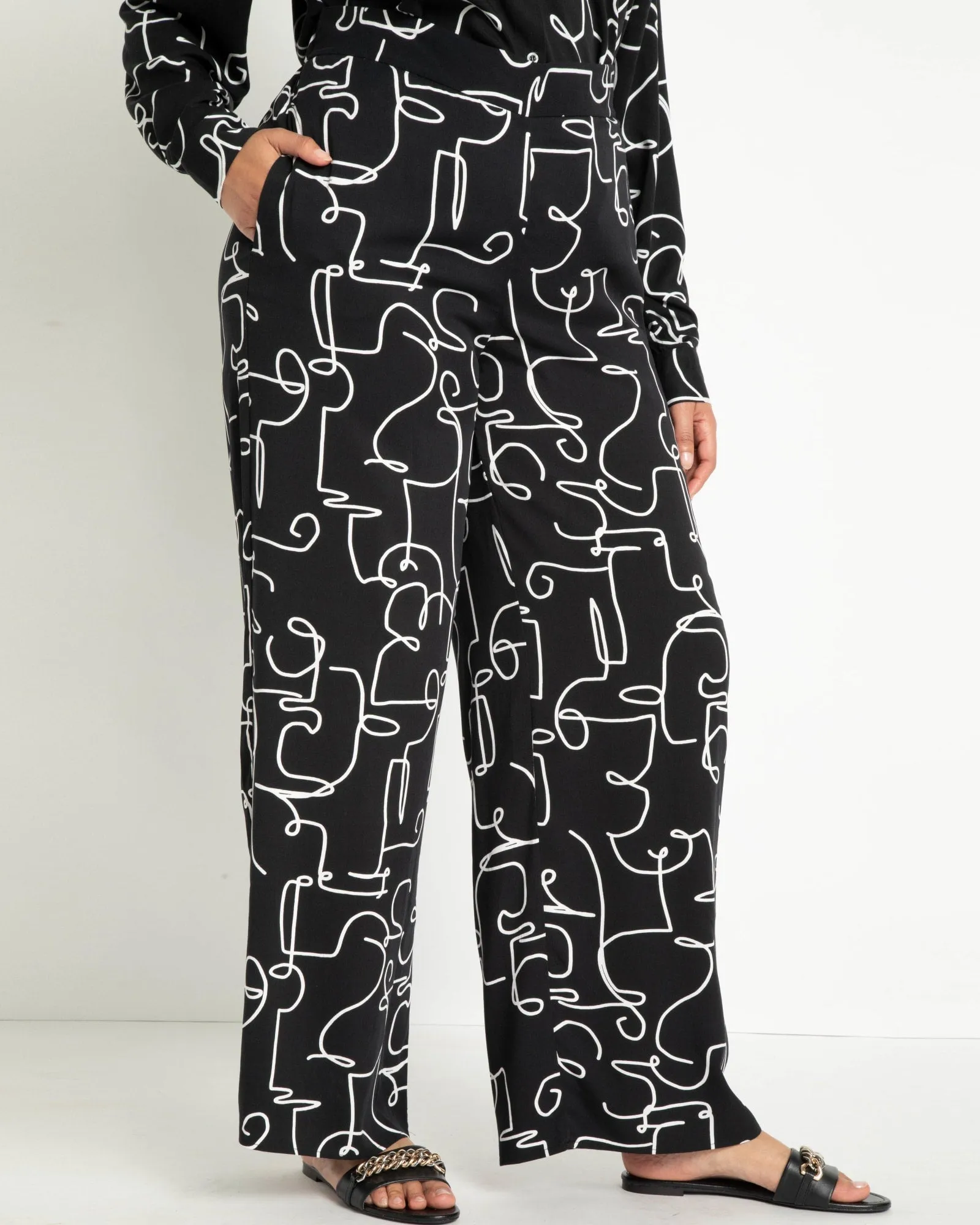 Printed Wide Leg Pant | Dandy Doodle - Black   White