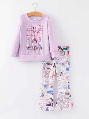 Purple top   TS Print Bell-bottoms Pants Girls Outfit Set