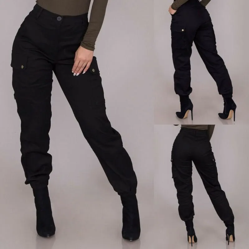 "Upgrade your style with these chic high-waisted black cargo pants featuring button pockets and a gothic twist. These solid color, long trousers are perfect for all sizes. Get yours now!"