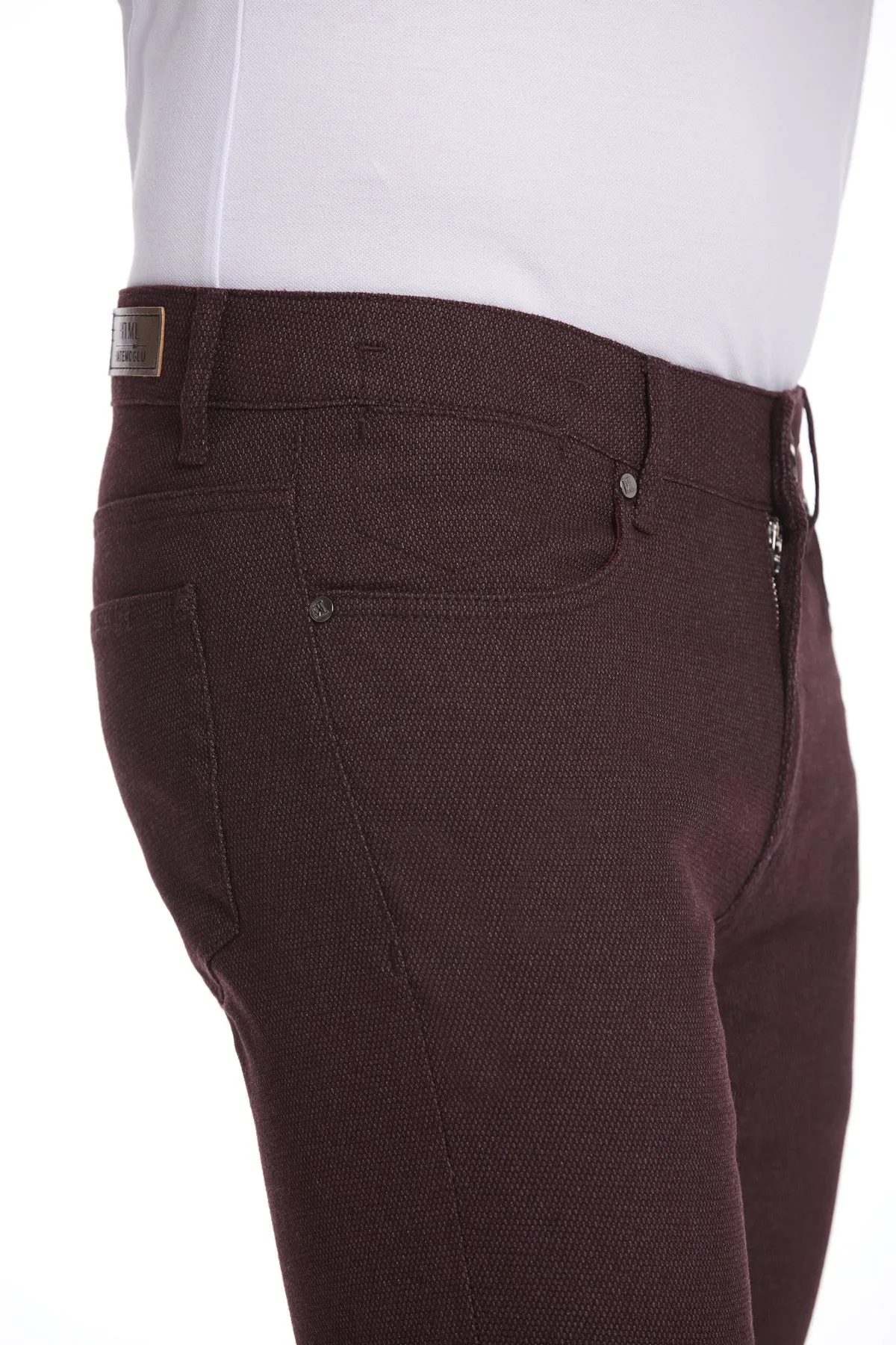 Slim Fit Low Waist Burgundy Cotton Casual Pants