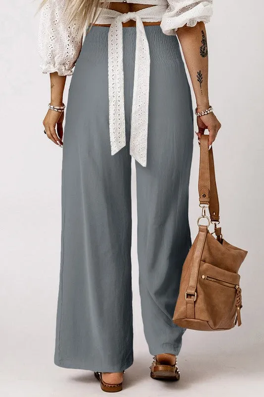 Smocked High Waist Wide Leg Pants with Flattering Waistband & Leg-elongating Design