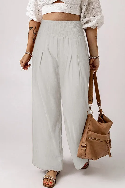 Smocked High Waist Wide Leg Pants with Flattering Waistband & Leg-elongating Design