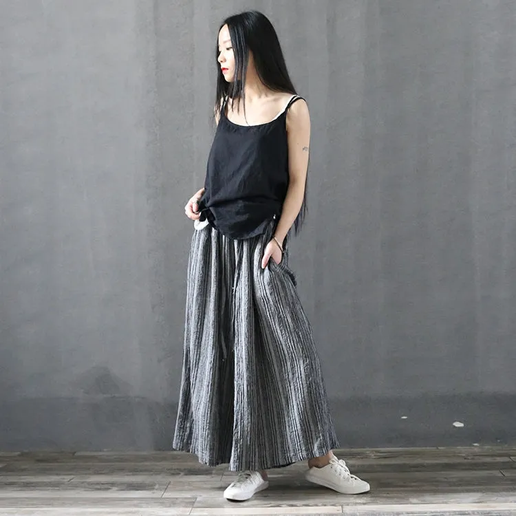 Stripe Linen Summer Autumn Wide Leg Pants  Women Casual Pants with Pockets PZ97256