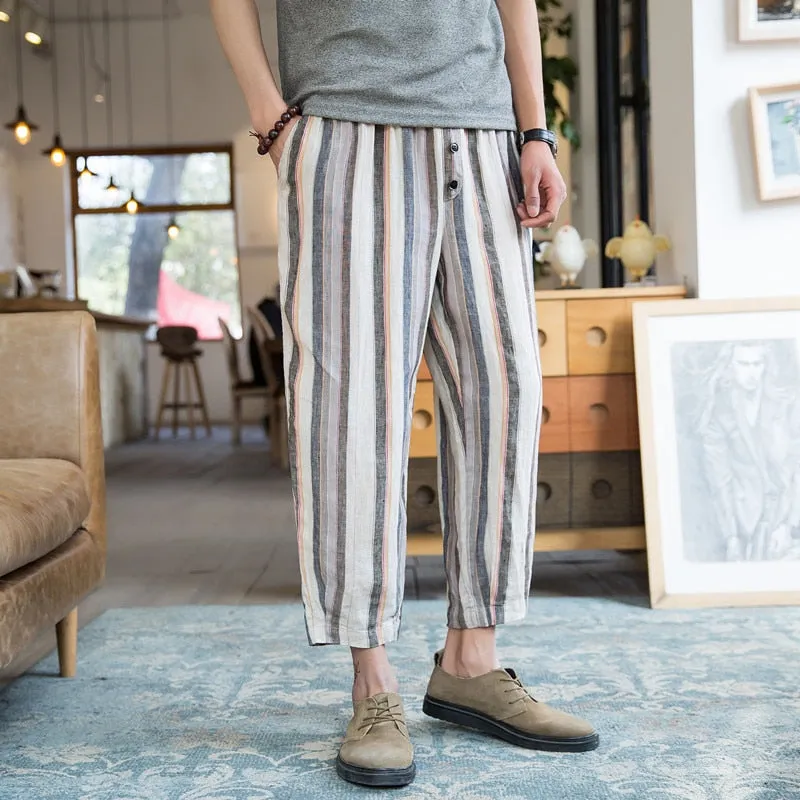 Summer Loose Stripe Calf Length Style Men Pant