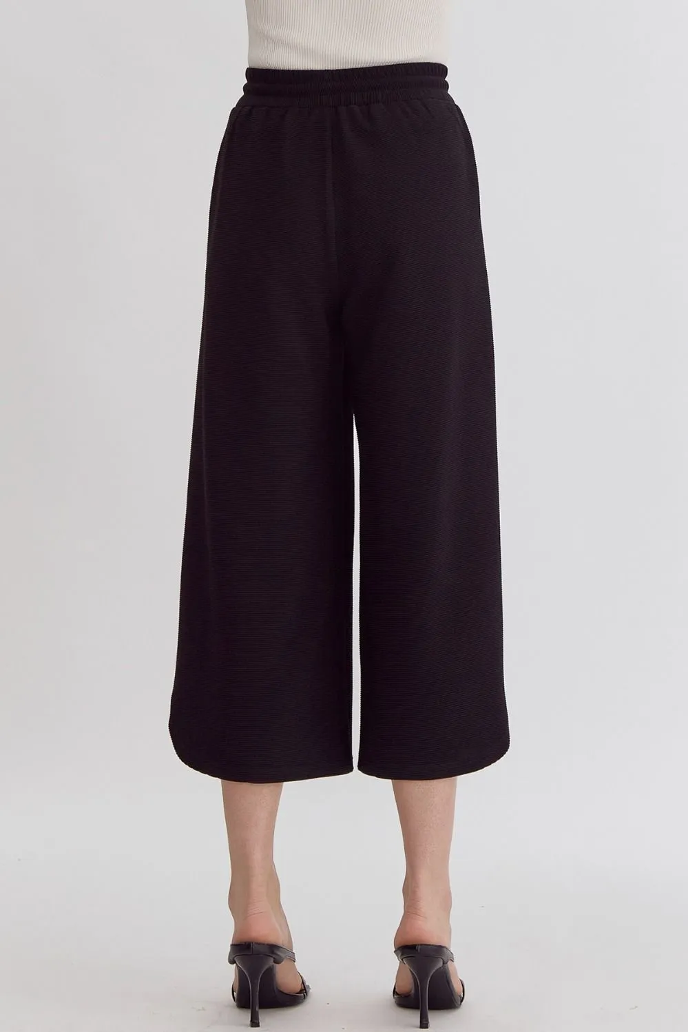 Textured High Waisted Wide Leg Pants With Ruffle Sleeve Top Set