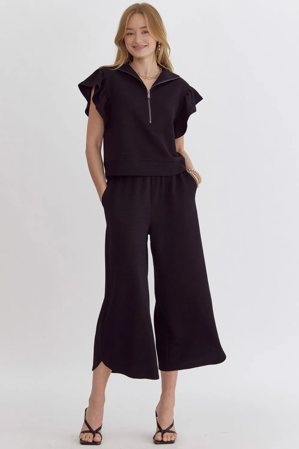 Textured High Waisted Wide Leg Pants With Ruffle Sleeve Top Set