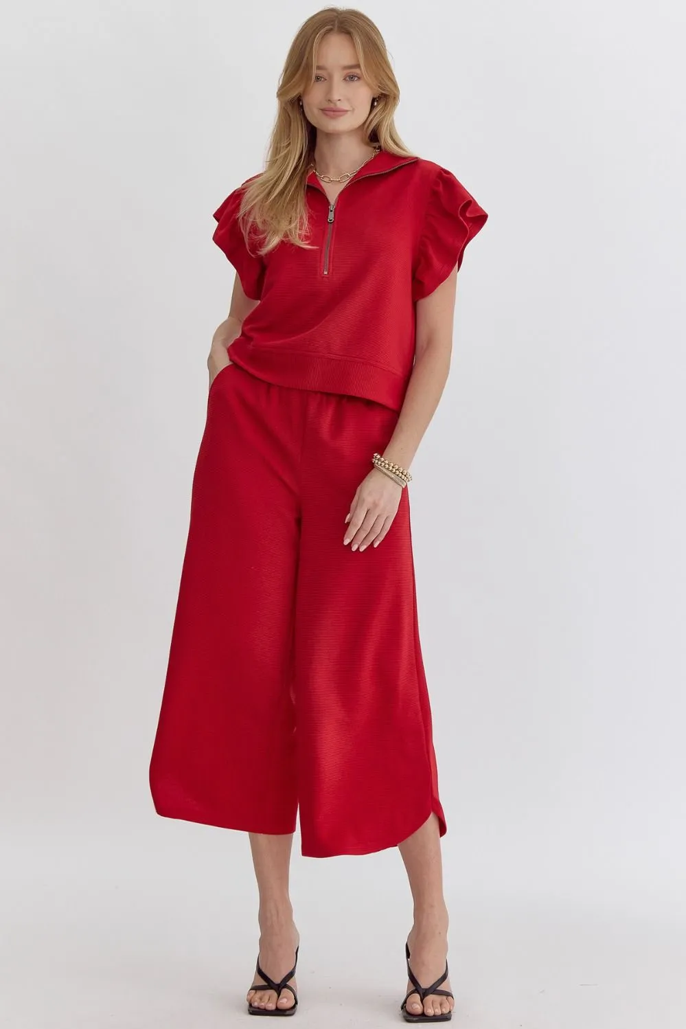 Textured High Waisted Wide Leg Pants With Ruffle Sleeve Top Set