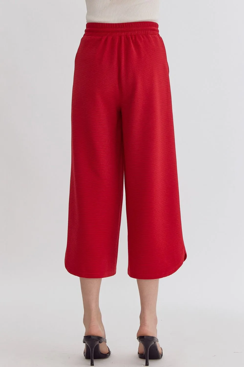 Textured High Waisted Wide Leg Pants With Ruffle Sleeve Top Set