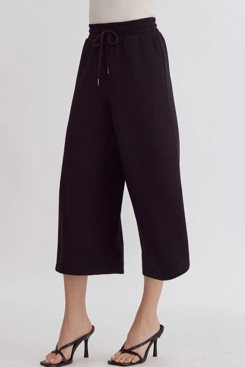 Textured High Waisted Wide Leg Pants With Ruffle Sleeve Top Set