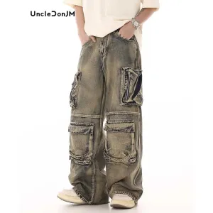 Wasteland Style Multi Pocket Denim Workwear Pants - Men's Straight Leg Jeans