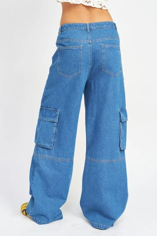 WIDE LEG DENIM PANTS WITH POCKETS CARGO PARACHUTE PANTS  *Online Only*