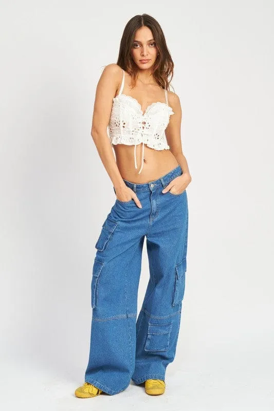 WIDE LEG DENIM PANTS WITH POCKETS CARGO PARACHUTE PANTS  *Online Only*